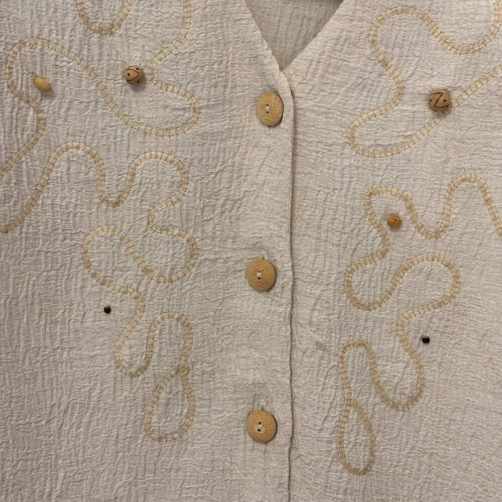 Carole Little Embroidered Button-Down Cream Tunic Rayon/Linen Blend Size 8 - Picture 2 of 9
